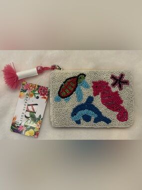 Express Edit handcrafted Beaded Sea life coin pouch/wallet. Pink Tassel. NWT